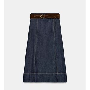 Zara Dark Denim A-Line Skirt with Brown Belt